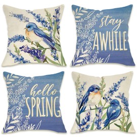 Fahrendom Hello Spring Bluebird Decorative Throw Pillow Covers 16 x 16 Set of 4, Lavender Flower Stay Awhile Porch Patio Outdoor Pillowcase, Blue Floral Seasonal Sofa Couch Cushion Case Home Decor