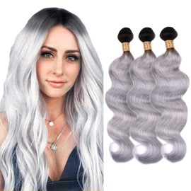 1B Grey Body Wave Bundles Ombre Human Hair Bundles Brazilian Remy Human Hair 3 Bundles Hair Extensions For Black Women Hair Weaves Grey Color Bundles 26 28 30 Inch