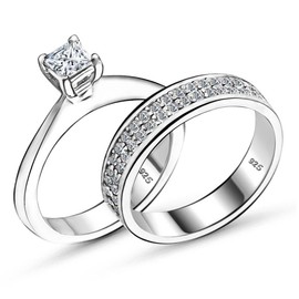 Solid Genuine 925 Sterling Silver Cubic Zirconia Bridal Rings Sets Princess Cut Solitaire CZ Engagement Rings Wedding Band For Women (Ring Set G, 6)