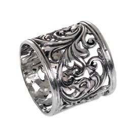 NOVICA Artisan Handcrafted Sterling Silver Band Ring Balinese Women's Wide Indonesia Leaf Tree Bohemian [band Width 18 mm W] ' Tropical Rain Forest'