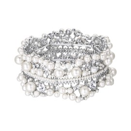 Ever Faith Bridal Silver-Tone Flower Simulated Pearl Stretch Bracelet Clear Austrian Crystal N01352-1