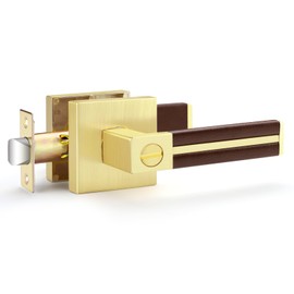 EHOMEWARE 1 Pack Gold Door Handles with Bronze Leather Handle, Privacy Door Levers for Bedroom or Bathroom, Interior Door Knobs Locked Inside with Turn-Thumb, Universal Handling