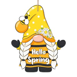 D4DREAM Hello Spring Grome Welcome Door Sign for Front Door 11.7" Bumble Bee Gnome Spring Decor Sign Front Door Decoration for Spring Summer Home Porch Coffee Shop Farmhouse Decoration