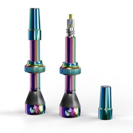 Shredr. Tubeless valve set, oilslick, Presta valves for tubeless tyres, super light aluminium, rainbow anodised, French valve, 44 mm for normal tubeless rims