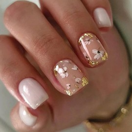 Flower Gold Foil Press on Nails Short Square Fake Nails White Solid Color Glue on Nails Glossy Acrylic Stick on Nails for Women DIY Manicure