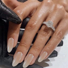 IQXGE Nude Acrylic Press on Nails Almond Medium Acrylic Nails Press Ons Full Cover Glue on Fake Nail with Bling Glossy Designs Nude Ombre Artificial Stick on False Nail for Women