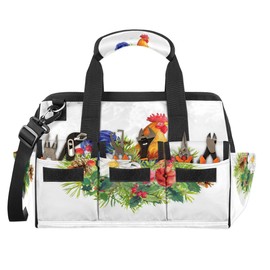 Rooster Flower Retro Wide Mouth Tool Bags for Men and Women 14 Pockets Tool Tote Bag Pouch Heavy Duty Tool Organizer Bag with Adjustable Strape for Plumbers Electricians Handymen