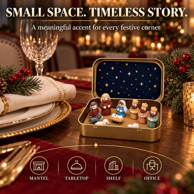 Mini Nativity Set in a Tin Box, Christmas Jesus Scene