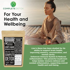 Premium Organic Lion's Mane Mushroom 120 Capsules, 100% Pure Extract for Cognitive, Immune & Antioxidant Support, 100% Free Vegan, Complete Detox, Gluten Free, Dairy Free, Soy Free