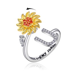 VYYU Fidget Ring with Beautiful Sunflower & Initial Letter ABC to XYZ - You are My Sunshine Anxiety Relief Stress Open Rings | Reliever Spinner Stress Relief Sunflower Gifts for Women Wife Daughter, U