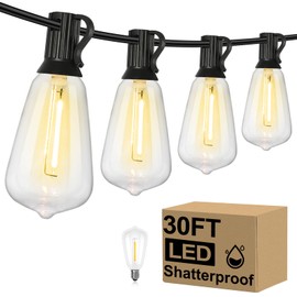 Brightever 30FT LED Outdoor String Light with 16 ST38 Vintage Edison Shatterproof Bulbs, Commercial Grade Patio Lights Connectable, Waterproof Hanging Lights for Balcony, Backyard, Warm White