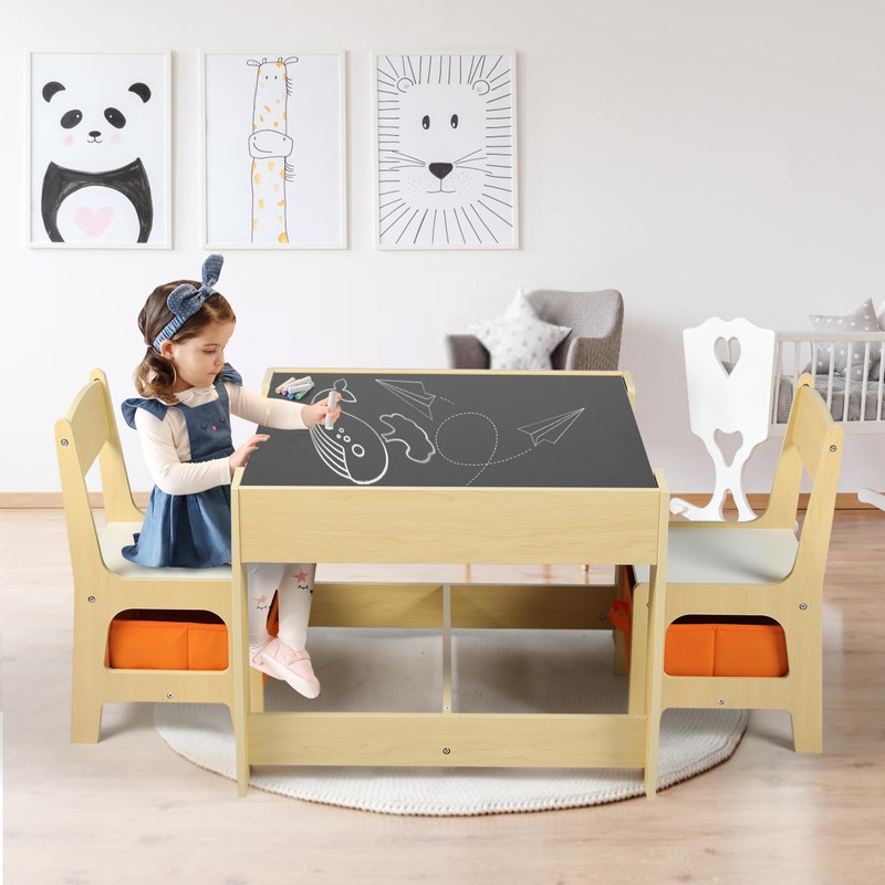 Kinder King Kids Wood Table & 2 Chairs Set, 3
