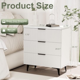 Royal Windsor Fluted Nightstand with 3 Drawers, Side End Table, Accent Storage Cabinet,Modern Night Stand Bedside Table for Bedroom,White
