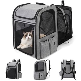 Cat Backpack Carrier Expandable, Expand from 13.4’’ to 23.8’’, Cat Backpack for Large Cats Small Dogs, Multi-Pocket, Foldable, Highly Ventilated with Wide-Opening Doors (Grey)