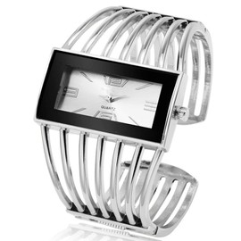 Fashion Cuff Bracelet Watches for Women Luxury Rectangular Dial Analog Quartz Wrist Watch Gifts for Ladies (Silver White)