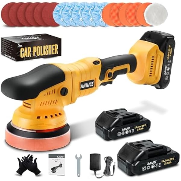 Cordless Car Buffer Polisher, 2x2000mAh 21V Batteries 5-Inch Random Orbital