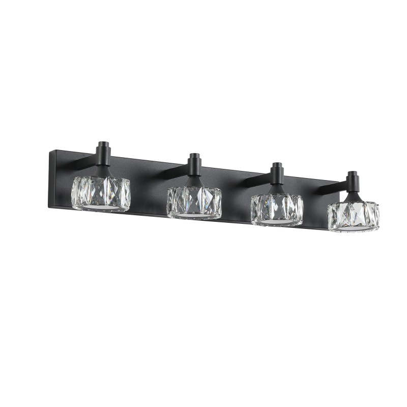Modern 4-Light Matte Black LED Vanity Light Fixture with Crystal