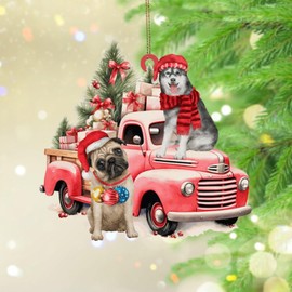 Red Truck with Dog Xmas Ornament Gift for Newborn Boy Christmas Tree Ornament Keepsake Puppy Dogs Pet Pine Tree Acrylic Christmas Bauble for Xmas Tree Decoration