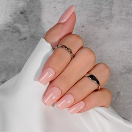 KQueenest Nude Pink Press on Nails Short Medium Square, Short False Nails with Glue, Glossy Light Pink Fake Nails Press ons, Natural Fit, Coffin Reusable Soft Gel Stick on Nail for Women 28 Pcs