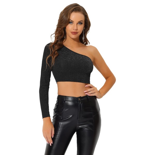Allegra K Women's One Shoulder Bodycon Metallic Glitter Long Sleeve Party Clubwear Crop Top, black