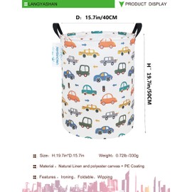 LANGYASHAN Laundry Basket Canvas Fabric Collapsible Organizer Basket for Storage Bin Toy Bins Gift Baskets Bedroom Clothes Children Nursery Hamper (Round Color Cars)