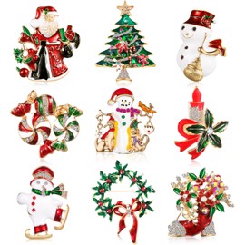 Sinmoe 9 Pieces Christmas Brooch Pins Set for Women Rhinestone Crystal Christmas Jewelry Snowman Bells Trees Xmas Element Pins for Xmas Decorations(Elegant Style)