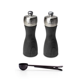 Peugeot Fidji Manual Beech Wood & Stainless Steel Salt & Pepper Mill Set With Black Stainless Steel Spice Scoop Made In France (Graphite, 6- Inch)