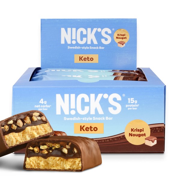 Nick's Protein Bars Crispy Nougat | 15g protein | 160 calories | Low Carb Keto Friendly Snacks No Added Sugar (Multipack 12 bars x 50g)