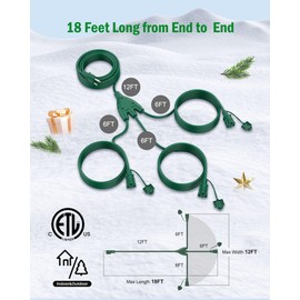 18 Ft Outdoor Extension Cord Multiple Outlet, 1 to 3 Outdoor Extension Cord Splitter with Safety Cover, 3 Prong Plug with 3 Extended Outlets, 16/3 SJTW Green Extension Cord Outdoor Waterproof