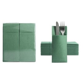 Aroba 50 Soft Point Cutlery Napkins, Soft Material, Volume and Structure, Ready Folded Napkins with Slot, 32 x 38 cm, 1/8 Fold Cutlery Bag, Good Quality, Green