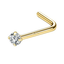 SYLWIA 14K Real Gold Nose Studs 18g, L Shaped Nose Rings Corkscrew, Simulated Diamond CZ Hypoallergenic 20 Gauge Nose Ring Piercing for Women Wen Gifts - 2mm 2.5mm 3mm CZ