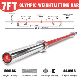 RICHUANG 7ft Olympic Barbell, Weightlifting Barbell 28mm 45lb - 500/700/1000lbs Capacity with Smooth Spinning Sleeves, Olympic Bar Fits 2" Olympic Plates, for Snatch Clean Jerk-Home Gym Training (Silver-Red-500LBS)
