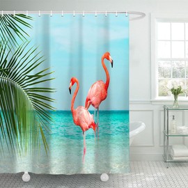 DeeCabin Beach Shower Curtain with Flamingo, Blue Teal Sea Pink Flamingo Bath Curtain Tropical Theme Nautical Ocean Shower Curtain Set with Hooks, 70X70IN (Blue, 70X70)