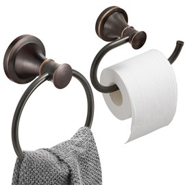 Hoimpro Oil Rubbed Bronze Towel Ring Toilet Paper Holder, Double Bathroom Hardware Set Fixtures Toilet Roll Tissue Holder, Hand Towel Bar Towel Rack Rv Accessories, Sus304 Stainless Steel, Wall Mount