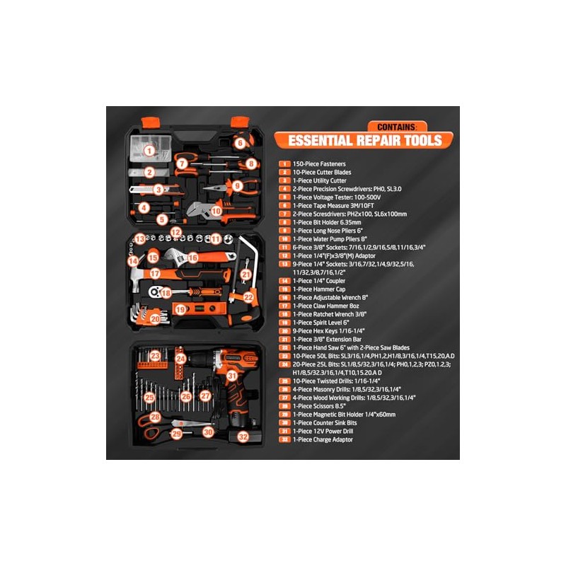 255-Piece Tool Set - Tool Kit with 12V Cordless Drill