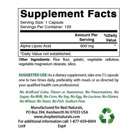 Ácido alfa lipoico Best Naturals 600 mg 120 unidades - Potente antioxidante