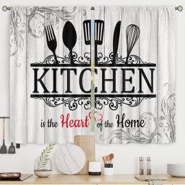 Riyidecor Rustic Black White Kitchen Curtains Short Small Funny Quotes Farmhouse Wooden Plank Wood Knife and Spoon Rod Pocket Country Farm Bedroom Living Room Treatment Fabric 2 Panels 27.5Wx39H Inch