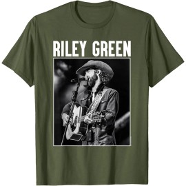 Riley Green Singing Greatest Hits Country Music Art Vintage Solid Cotton Short Sleeve T-ShirtColor: Women-olive green, Size: S