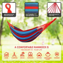 Gold Armour Brazilian Style Hammock with Tree Straps for Hanging - Durable Portable Single/Double Hammock for Camping, Outdoor, Indoor, Patio, Backyard (Blue & Red Stripe)