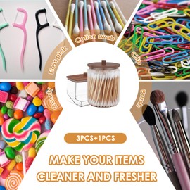 PoDhey 4Pcs Qtip Dispenser Clear Plastic Cotton Swab Holder with Bamboo Cover Round Qtip Dispenser Holder Dust Proof Cotton Ball Organizer Rectangle Cotton Pad Jar Container for Bathroom A