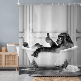 Newsely Funny Monkey Shower Curtain 60Wx72H Inch Animal Chimpanzee in Bathtub Black White Wildlife Cool Modern Shower Curtain Bathroom Set Boys Men Waterproof Bath Decoration Accessories Home Decor