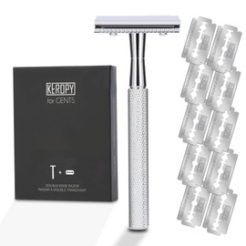 KEROPY Double Edge Safety Razor With 10 Premium Stainless Steel Reusable Single Blade Razors For Men and Women, Smooth Wet Shave Experience, Glossy Silver