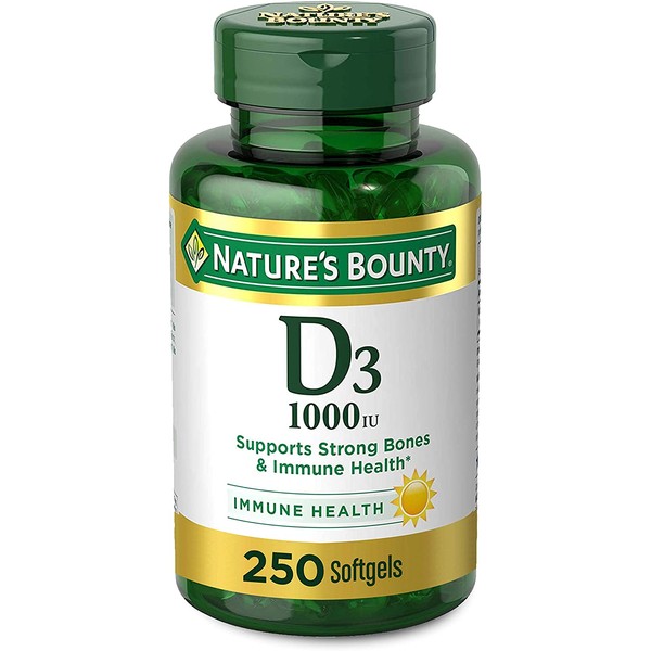 Vitamin D3 by Nature’s Bounty for immune support. Vitamin D3 provides immune support and promotes healthy bones. 1000IU, 250 Softgels
