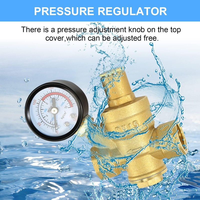 Water Pressure Regulator 1/2 inch with Gauge, Made of 100%