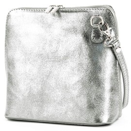 modamoda de - T94 Italian Small Shoulder Bag Made of Smooth Leather, metallic silver grey