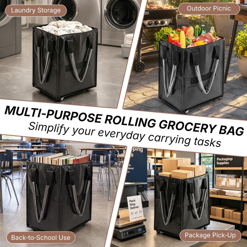 Reusable Grocery Bag on Wheels,Foldable Rolling Tote Bag,Heavy-Duty Trolley