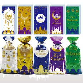 Sizkii 100Pcs Eid Mubarak Treat Bags - 4.9 X 10.8inches, Muslim Castle Gift Candy Bags Party Favor Supplies, Ramadan Moon Star Cellophane Bags Goodie Bags Popcorns Packaging Bags with Twist Ties
