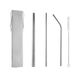 MiniMood Stainless Steel Straws Set of 3 - 1 Thick (Diameter 0.4 inch (1.1 cm) & 2 Standard (0.5 cm) Length 8.5 inches (21.5 cm) Included Cleaning Brush & Storage Pouch for Home, Office, Cafe, Durable