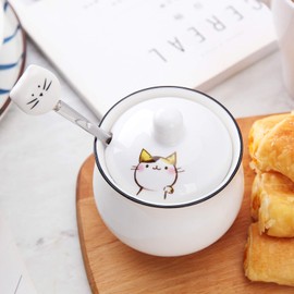 Kitchenexus Small Ceramic Sugar Bowl, Porcelain Sugar Bowl with Lid and Stainless Steel Spoon 8.5oz/240ml with Cat Pattern, Suit for Coffee Bar, Kitchen and Home breakfast, Best Gift for Cat Lovers