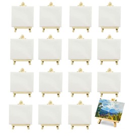 Rensimote 16 Pack 4 x 4 Inch Stretched Mini Canvases Small Painting Canvas with Easel Art Canvases for Kids Painting Craft